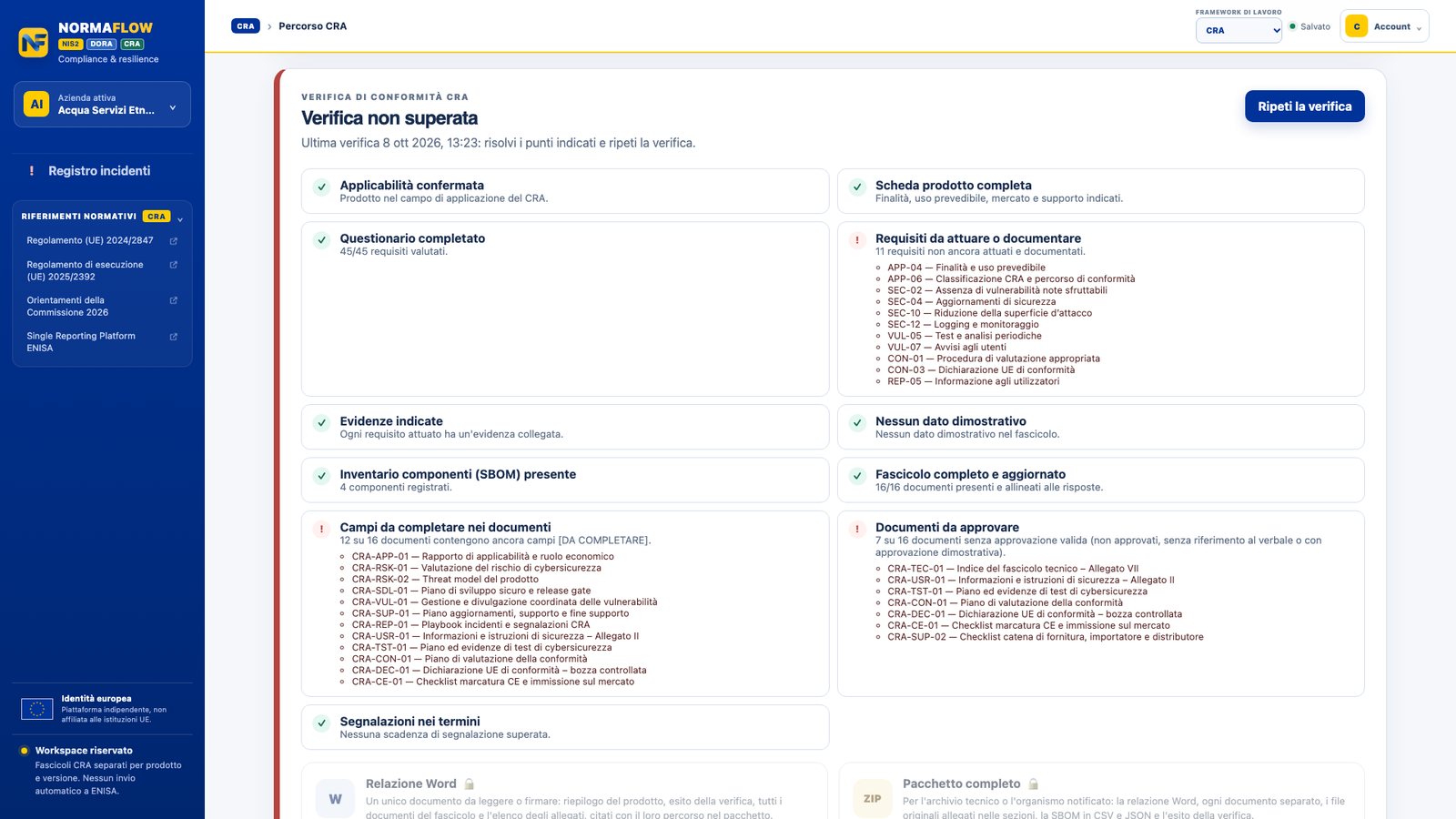 Verifica di conformità CRA con controlli superati e da completare